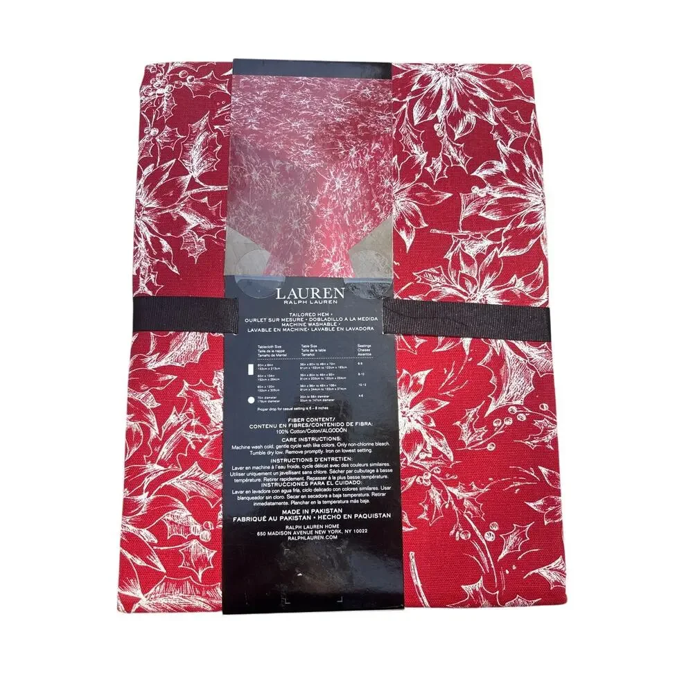 Lauren Ralph Lauren Red Christmas Tablecloth NEW Poinsettia Cotton 60x104 Preppy